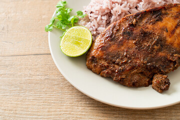 spicy grilled Jamaican jerk chicken with rice