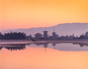 Fototapeta na wymiar 奈良県　奈良市　観音池から薬師寺の夜明け　世界遺産