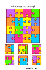 Visual puzzle with picture fragments. Abstract jigsaw puzzle design pattern. What does not belong?
