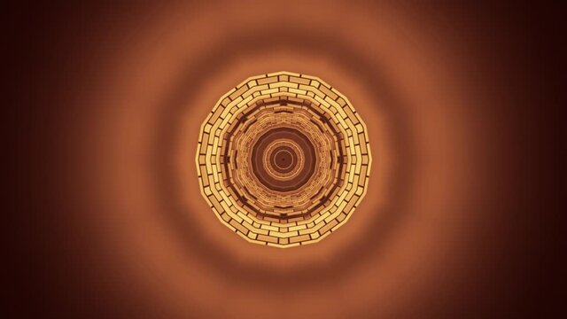 Vj cicular tunnel loop of bronze and organe colores. alternating brick structures and blurred, dull colores at the wall. 