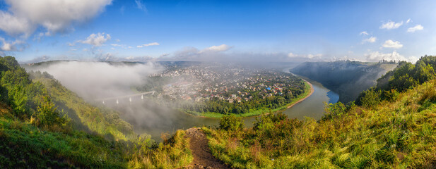 Panoramic view on Zalishchyky town and the Dniester river meander and canyon