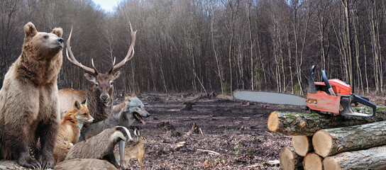 Many animals in the middle of a felled forest and a bunch of trees with a chainsaw. Wildlife scene
