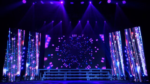 Animation of stage lights frame. Bright shiny stage lights flashing movement entertainment spotlight projectors in the dark, blue soft light spotlight strike on black background.