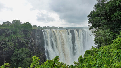 The Zambezi River flows from the edge of the plateau into the gorge in powerful streams and forms Victoria Falls. There is a fog over the abyss. In the foreground, lush green vegetation. Zimbabwe