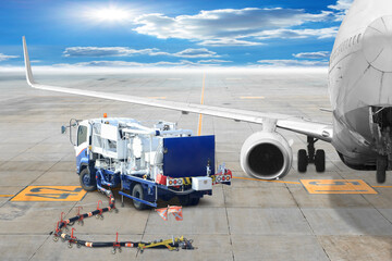 Tanker truck for refueling aircraft parking yellow taxi line area at airport