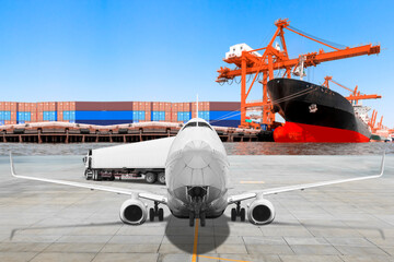 Fototapeta premium Transport air plane being unloaded container to truck commercial delivery cargo at airport with container ship at the harbor