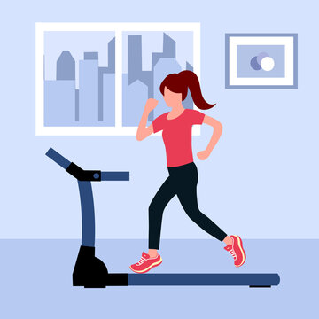 Sporty woman running on treadmill at home for a good health. Exercise everyday.