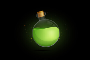 green potion in a closed bottle with sparkling light