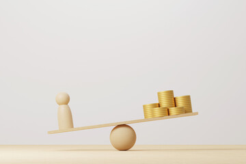 Coin stack compare wooden human on wood scale seesaw. 3d illustration
