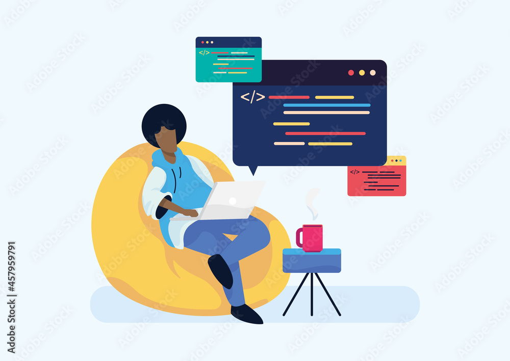 Poster freelance programmer or engineering developer working, coding, and programming on laptop at home. fl