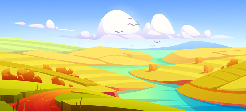 Rustic autumn meadow landscape, rural yellow field with dirt road, river, hay stacks and mountain on horizon. Farmland parallax effect, scenery countryside fall season nature Cartoon vector background