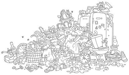 Big messy dump of household garbage and waste, black and white outline vector cartoon illustration