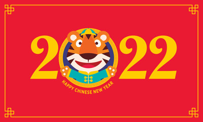 Happy Chinese New Year 2022 greeting banner with flat design cartoon cute tiger wearing traditional chinese costume