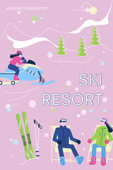 Ski Resort banner with people have relax and snowsport fun.