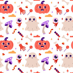 Happy Halloween. Seamless pattern. Cute vector illustration with pumpkin, hand with bone, mushroom, candy, ghost.