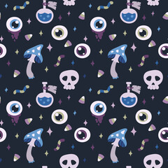 Happy Halloween. Seamless pattern. Cute vector illustration with eye, potion, skull, mushroom, candy on dark blue background.
