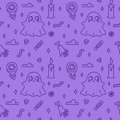 Happy Halloween. Seamless pattern. Cute doodle vector illustration with magic ghost, candy, eye, candle, hand with bone on purple background.