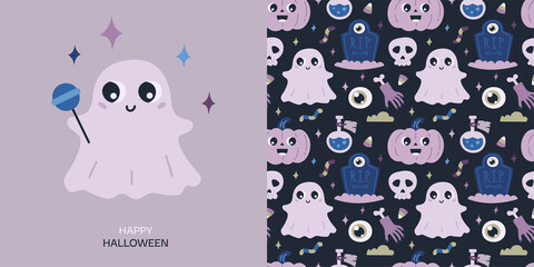 Happy Halloween greeting card and seamless pattern. Cute vector illustration with pumpkin, hand with bone, candy, potion, skull, ghost, headstone on dark blue background.