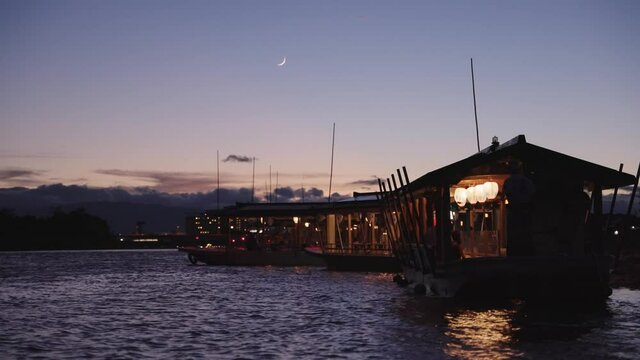 Dusk over Nagara River, Boats ready to view Ukai Cormorant Fishing Festival