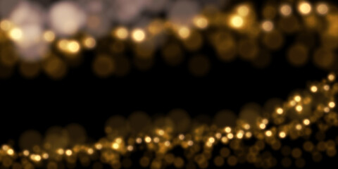 Golden particle dust on black. Abstract luxury background with defocused glitter lights. 