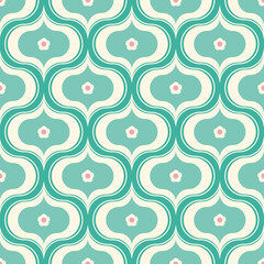Ogee pattern design with small flower detail. Pretty geometric vector floral seamless repeat in retro green colours.