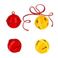 Yellow and red Christmas bells holiday collection and red ribbon isolated on white background. Vector xmas illustration set