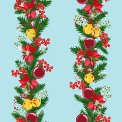 Seamless vector, Christmas illustration with Poinsettia flowers,spruce branch and christmas balls .