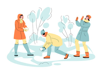 Young people girls play snowballs fight in the park. Fun winter games. Vector illustration in cartoon style.
