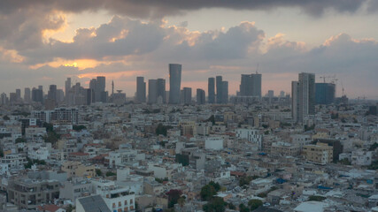 Fototapeta na wymiar Tel aviv Skyscrapers cityscape panorama at Sunset, Aerial view drone view at sunset, Tel aviv, Israel, may,30,2021 
