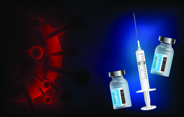 Covid-19 vaccination vector background. Covid19 coronavirus vaccine bottles and syringe injection tools for covid-19 immunization with space for text in white background. Vector illustration.