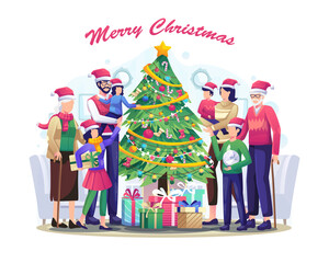 Big Family and Christmas tree with gifts celebrate Merry Christmas Holiday and Happy New Year. Flat vector illustration