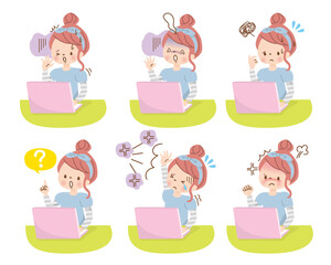 パソコンを操作する女の子　ネガティブな表情セット