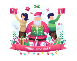 santa claus giving gifts concept design of Christmas sale with people receiving gifts. Flat vector illustration