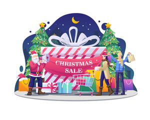 Obraz na płótnie Canvas people are shopping with Santa Claus using megaphones on promotion in Christmas sale. Flat vector illustration