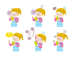 スマホを操作する白人の女の子　ネガティブな表情セット