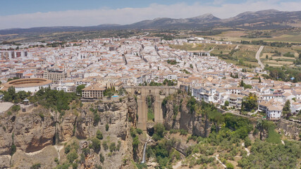 Aerial view over Puente Nuevo Ronda Town, Spain   Ronda is a town in the Spanish province of Málaga, drone, 2021 