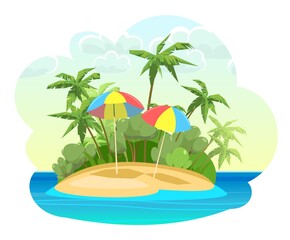 Island in the ocean. Jungle palm trees. Cartoon style. Blue calm sea. Flat design illustration. Isolated on white background. Cozy beach and umbrellas. Vector.