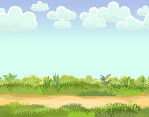 Fototapeta premium Rural road to Green Glade. Summer meadow. Trail. Juicy grass close up. Grassland. Country trip. Cartoon style. Flat design. Seamless illustration vector art