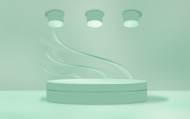 Futuristic empty room with light podium stage showcase for display sale or cosmetic products. Modern powder green color waves wall background interior design. 3d illustration.