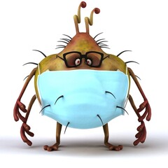 Fun 3D illustration of a cartoon microbe with a mask