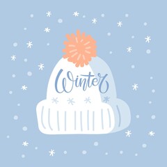 Christmas card Template with knitted winter hat with pompone on blue background. Christmas and new year congratulations. Christmas traditional postcard. Winter vector illustration in flat style.
