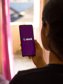 Assam, india - September 18, 2020 : Slack logo on phone screen stock image.