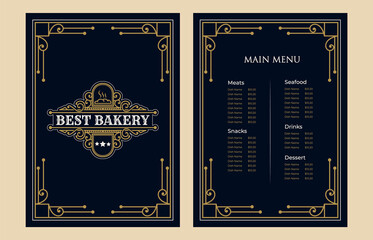 Luxury vintage bakery shop food menu card template ornamental black and golden with emblem logo for hotel cafe bar coffee shop vector print ready