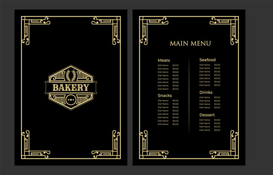 Luxury vintage bakery shop food menu card template ornamental black and golden with emblem logo for hotel cafe bar coffee shop vector print ready