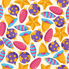 Seamless pattern of Christmas tree toys in flat style isolated on a beige background. Vector illustration