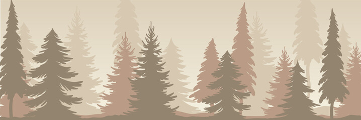 Fototapeta na wymiar Fir Tree Silhouette with Tall Trunk and Branches as Misty Forest Horizontal Backdrop Vector Illustration