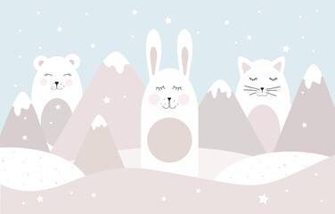 Drawing with animals. Wallpaper for the children's room. Little animals, wall decor with animals. Magical mountains, a fabulous world. Rabbit, bear, fox in the clouds.
