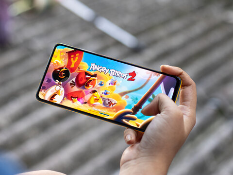 Assam, india - October 11, 2020 : Angry birds game logo on phone screen stock image.