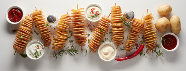 Fried potatoes on skewers with sauces