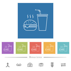 Fast food menu with cheeseburger and drink outline flat white icons in square backgrounds